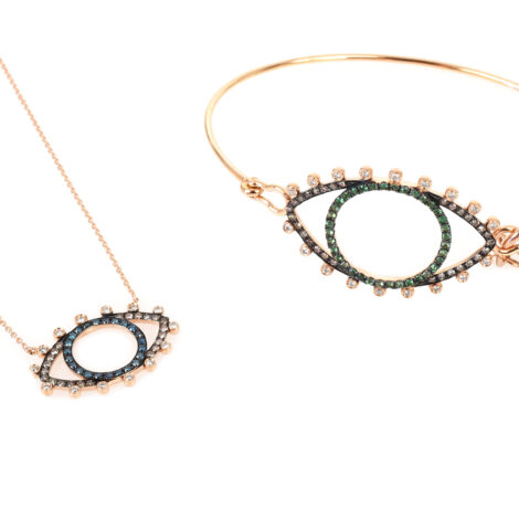 Evil Eye Multi-Diamond Necklace & Symbolic Evil Eye Bangle with Multi Colour Diamonds and Tsavorites