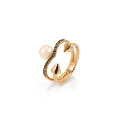 Faced Cones Double Ring with Natural Pearl and Brown Diamonds