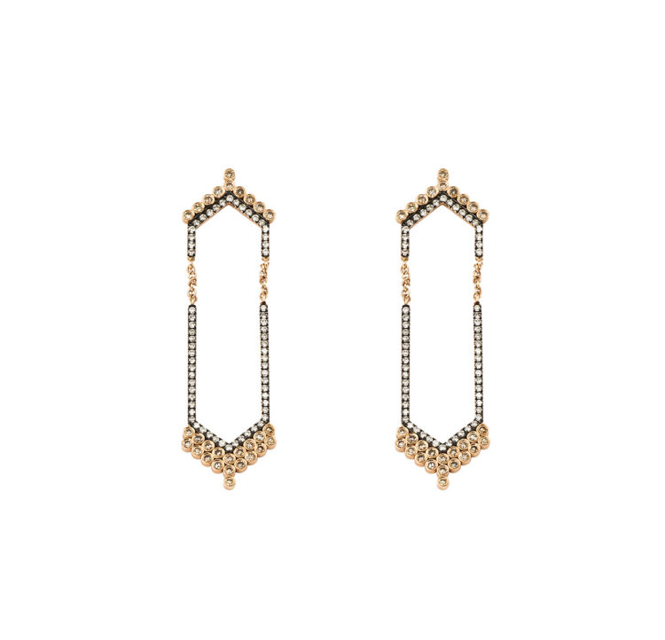 Two Lines Statement Earrings with Brown And White Brilliant Cut Diamonds